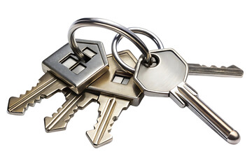 A set of house keys on a metal keyring, isolated on a transparent background.