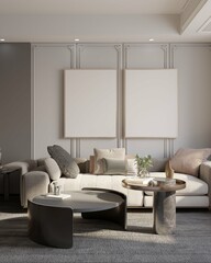 contemporary modern living room with mute color and poster framed mockup on white wall. 3d illustration
