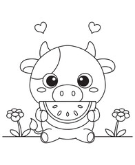 Coloring book happy calf enjoying a juicy watermelon