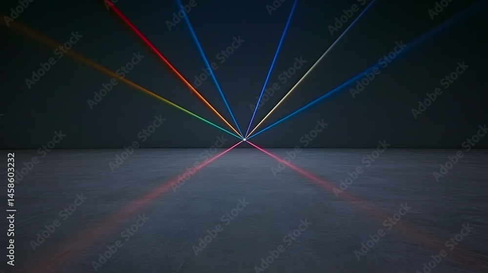 Poster several multicolored laser beams converge at a central point on a dark gray floor, projecting outwar