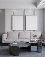 contemporary modern living room with mute color and poster framed mockup on white wall. 3d illustration