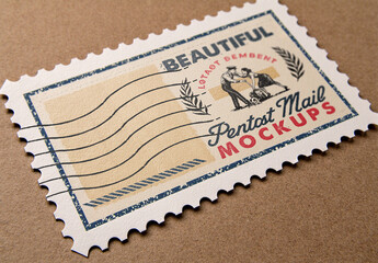 Realistic Postage Stamp Mockup with Vintage Frame on Kraft Paper