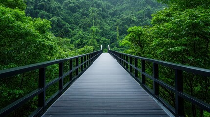 Obraz premium A serene, modern bridge surrounded by lush green foliage.