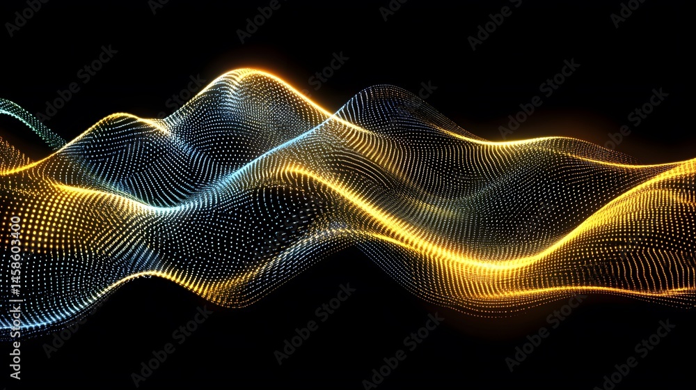 Poster abstract digital design of luminous wave patterns in gold and blue.