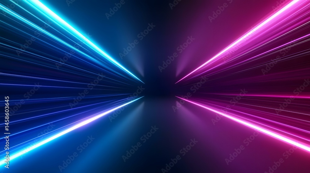 Poster the image contains vibrant, glowing lines of blue and pink light converging at a central point, crea