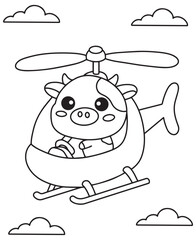 Coloring book An adventurous calf flying a helicopter coloring education for kid 