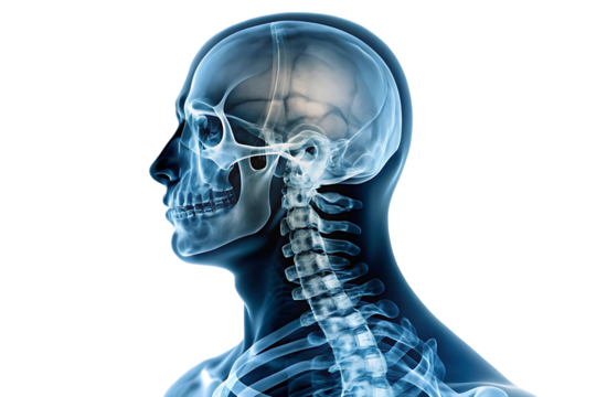 An X-ray film showing a human head and neck, isolated on a transparent background.