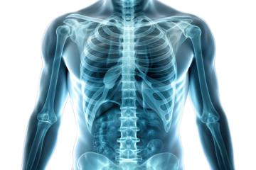 An X-ray film showing a human thorax, abdomen, and torso isolated on a transparent background.