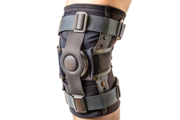 An orthopedic knee brace with hinges and straps, isolated on a transparent background.