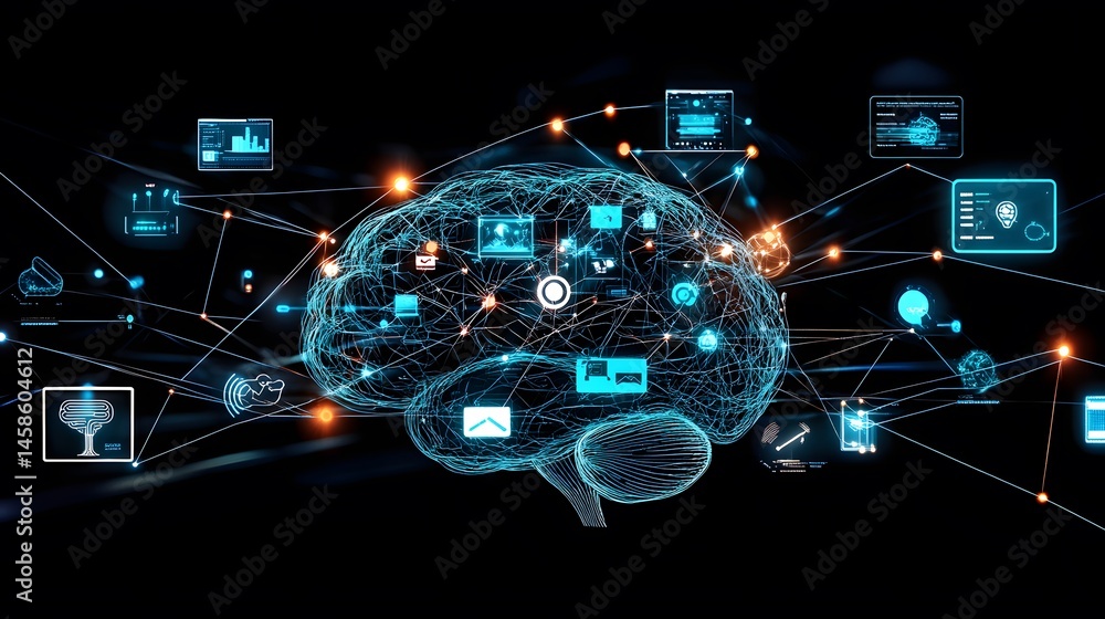 Poster digital illustration of a brain connected to data networks.