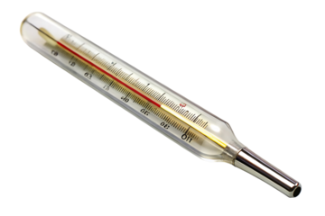 A glass thermometer with a visible mercury line, isolated on a transparent background.