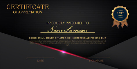 Creative certificate of appreciation best award template with abstract black pink light background, Use for print, certificate, diploma, graduation eps10 vector template