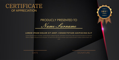 Creative certificate of appreciation best award template with abstract black pink light background, Use for print, certificate, diploma, graduation eps10 vector template