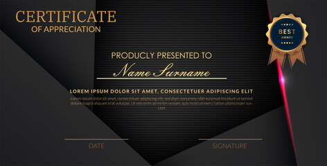 Creative certificate of appreciation best award template with abstract black pink light background, Use for print, certificate, diploma, graduation eps10 vector template
