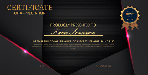 Creative certificate of appreciation best award template with abstract black pink light background, Use for print, certificate, diploma, graduation eps10 vector template