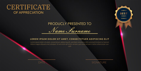 Creative certificate of appreciation best award template with abstract black pink light background, Use for print, certificate, diploma, graduation eps10 vector template