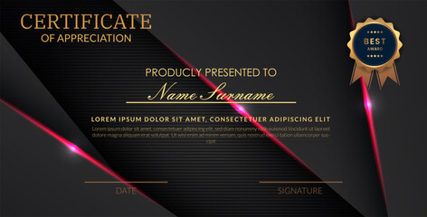 Creative certificate of appreciation best award template with abstract black pink light background, Use for print, certificate, diploma, graduation eps10 vector template