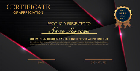 Creative certificate of appreciation best award template with abstract black pink light background, Use for print, certificate, diploma, graduation eps10 vector template