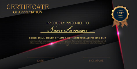 Creative certificate of appreciation best award template with abstract black pink light background, Use for print, certificate, diploma, graduation eps10 vector template