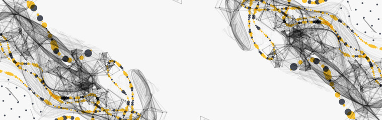 Abstract visualization of scientific data interaction through a network of interconnected nodes, smooth curves and chaos. Vector