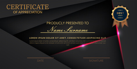 Creative certificate of appreciation best award template with abstract black pink light background, Use for print, certificate, diploma, graduation eps10 vector template