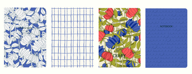 Set of cover page templates with hand drawn flowers, branches, leaves. Based on seamless patterns. Backgrounds for notebooks, notepads, diaries. Headers isolated and replaceable