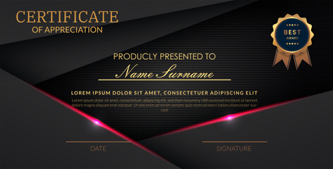 Creative certificate of appreciation best award template with abstract black pink light background, Use for print, certificate, diploma, graduation eps10 vector template