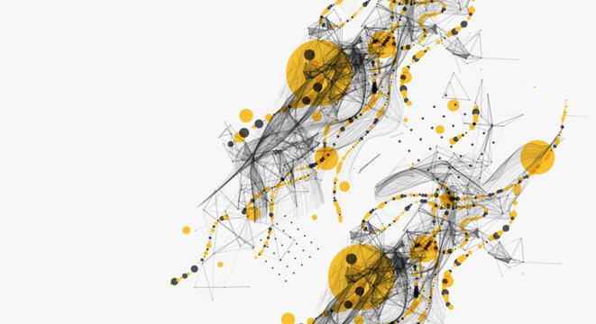 Abstract visualization of scientific data interaction through a network of interconnected nodes, smooth curves and chaos. Vector
