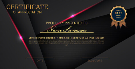 Creative certificate of appreciation best award template with abstract black pink light background, Use for print, certificate, diploma, graduation eps10 vector template