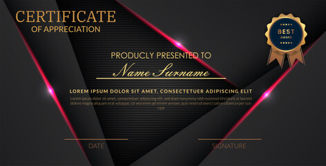 Creative certificate of appreciation best award template with abstract black pink light background, Use for print, certificate, diploma, graduation eps10 vector template