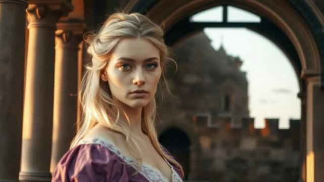 Young Woman in Renaissance Dress Standing by Castle
