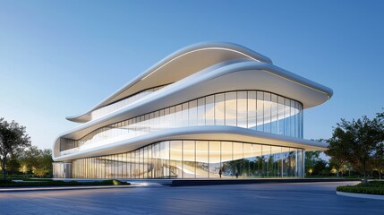 Obraz premium Futuristic architecture showcasing elegant curves and glass facades in evening light.