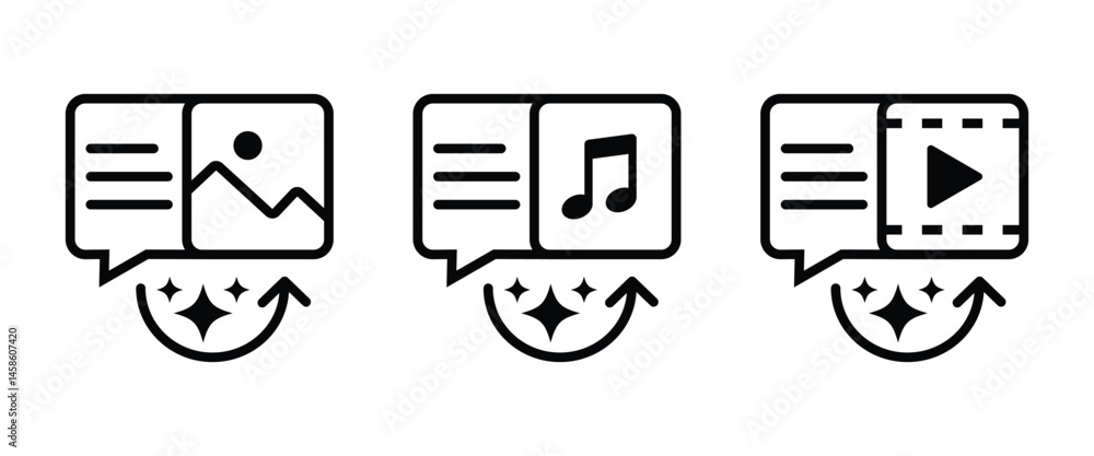 Poster text to media generate icons. image, audio and video file create by ai using prompt. transparent png