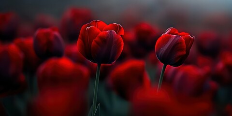 Fototapeta premium Two red flowers are in the foreground of a field of red flowers. The flowers are in full bloom and are surrounded by other red flowers. Concept of beauty and serenity, as the flowers are in full bloom