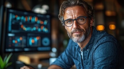 Man with glasses sits in front of a computer displaying financial charts.