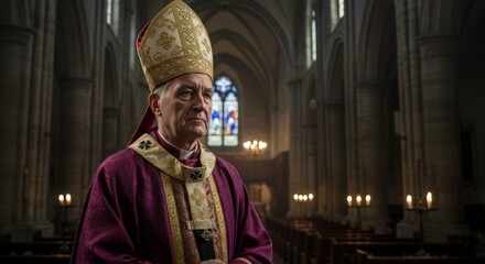 Naklejka premium Solemn bishop standing in cathedral in lit vestments