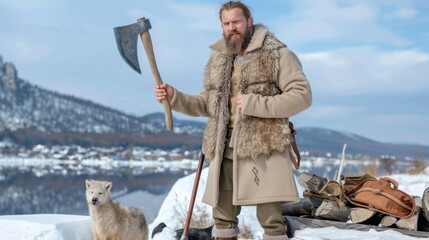 Adventurous Man with Axe and Wolf in a Snowy Forest Landscape