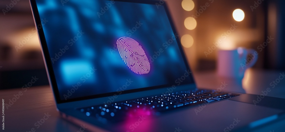 Poster laptop displaying fingerprint, biometric security and technology solution