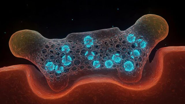Microscopic Cellular Structure with Glowing Particles - An abstract close-up view of a cellular structure, possibly bone or another tissue, with glowing cyan particles inside a porous