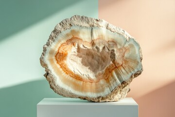 A mesmerizing cross-section of petrified wood showcasing vibrant, concentric rings of color.