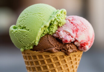 A delicious ice cream cone with three colorful scoops ready to be enjoyed.