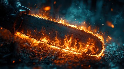 Fiery chainsaw blade in a dark, gritty environment
