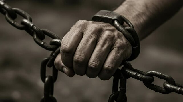 Hand in Shackles - A close-up shot depicts a man's hand tightly gripping a heavy, dark metal chain, suggesting themes of captivity, struggle, and confinement. The video is desaturated