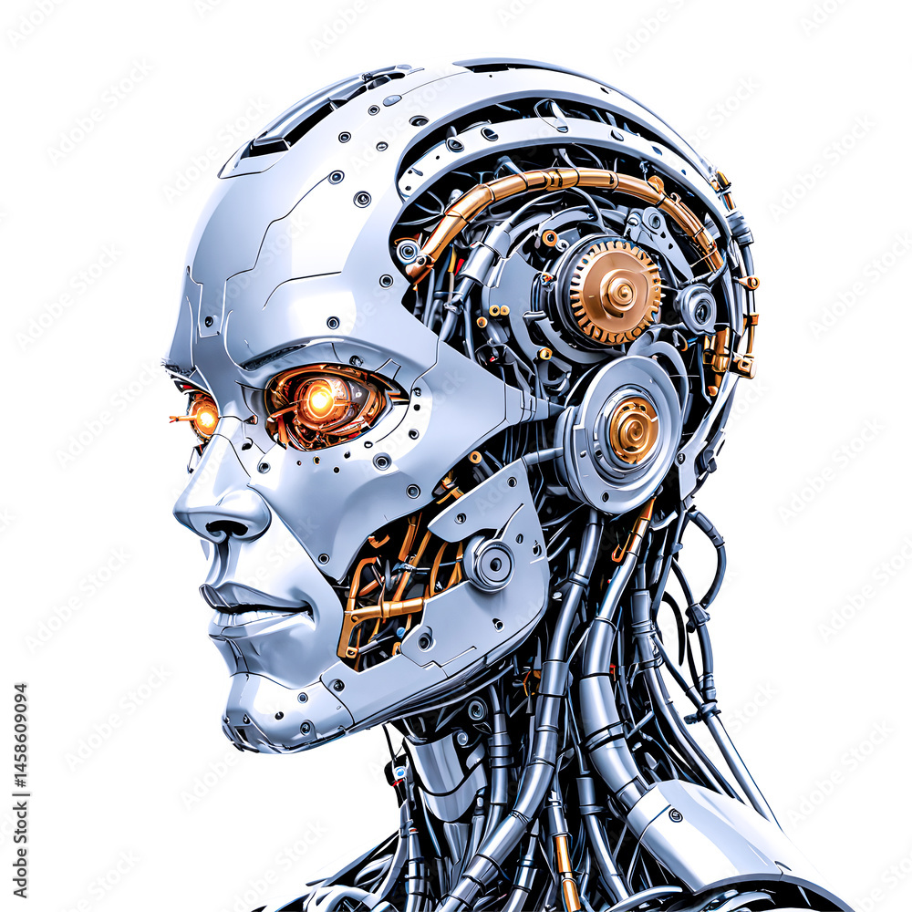 Poster a black 3d robot head with clock gears and a skull mask, a vector art illustration symbolizing time 
