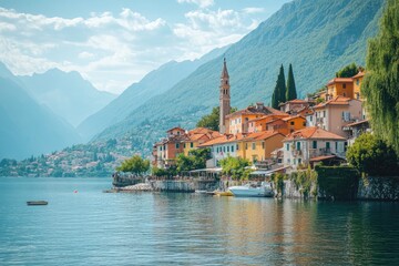 Picturesque lakeside village nestled beside a tranquil lake, with colorful buildings, a serene atmosphere