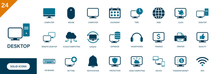 Desktop icon. Containing computers, information technology, peripherals, printers,... Solid vector icons set.