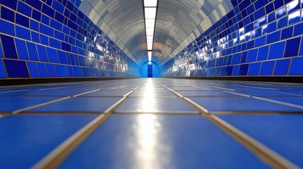 Obraz premium A blue subway tunnel with a light shining on the tiles. The tunnel is long and narrow