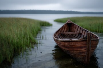 Obraz premium Traditional wooden boat resting on calm water surrounded by tall green grass under a cloudy sky evoking tranquility and connection with nature captured with clarity