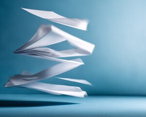 Conceptual arrangement of fluttering white sheets on a serene blue backdrop