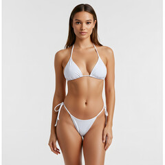 Fototapeta premium Young Woman Modeling Chic White Bikinis with High-Cut Legs and Strap Details in Modern Studio Shoot